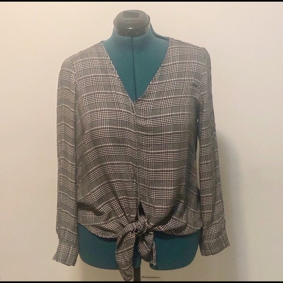 Max Studio Tie Waist Plaid Blouse, Size Medium - Picture 2 of 8